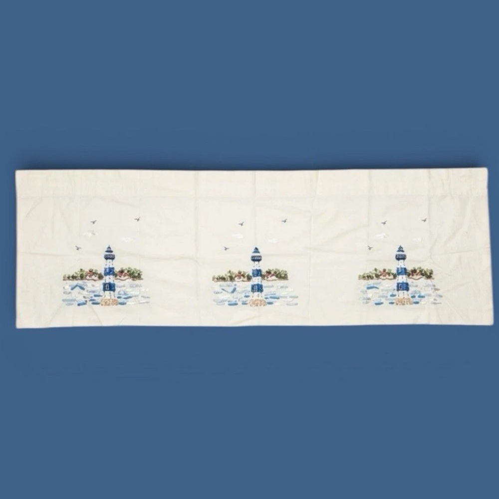 Linen Curtains Set Of 2 Embroidered Lighthouse Beach House Ocean Nautical 18x45